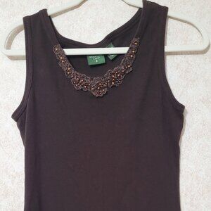 Brown Ribbed Tank Top Embellished Mounain Lake Womens Size L
